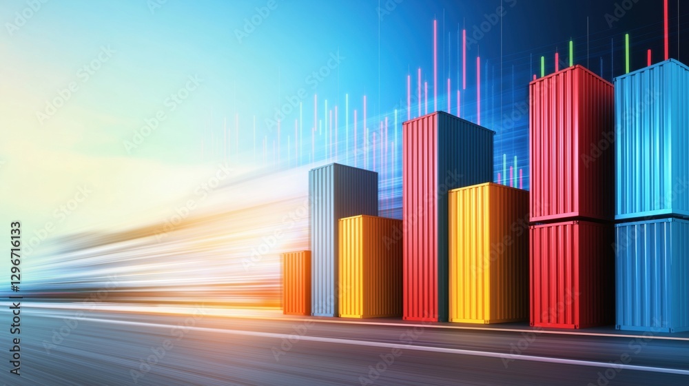 Poster abstract financial charts merging concepts with shipping containers and data visualization