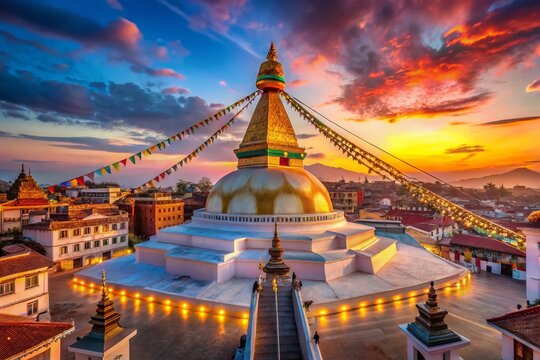 Panoramic Boudhanath Stupa at Dusk, Nepal - Peaceful Buddhist Serenity