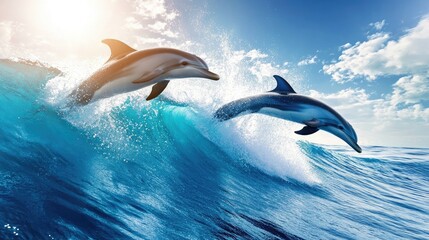 Three dolphins gracefully surfing a crystal-clear blue wave at sunrise