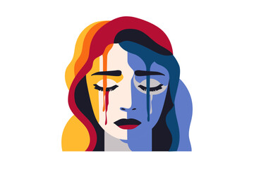 Abstract illustration of a woman's face with vibrant red, yellow, and blue dripping tears. Woman in depression. Concept of mental disorder, affliction, sorrow and anxiety.