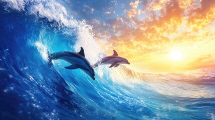Fototapeta premium Three dolphins gracefully surfing a crystal-clear blue wave at sunrise