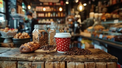 Cozy Coffee Shop Scene with Pastries and Freshly Brewed Coffee