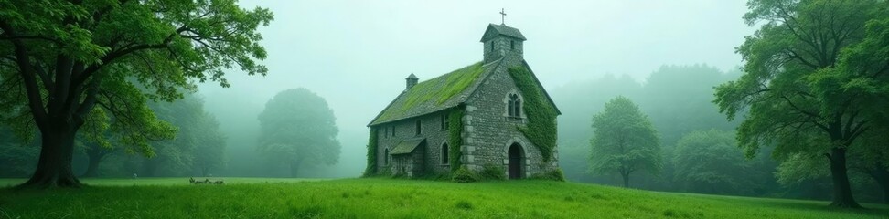 Lush greenery surrounds the top of a weathered stone church, solitude, fog, trees