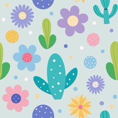 Blooming Delight: A vibrant, seamless pattern showcases an array of cheerful flowers and playful cactus. perfect for adding a touch of nature to any design.