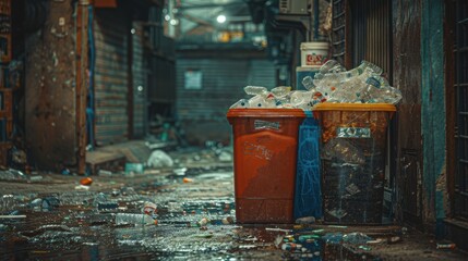 Urban Waste Management in Narrow Alley with Plastic Bottles and Trash