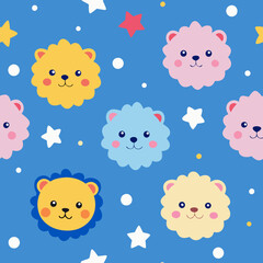 Cute Animal Pattern: A seamless, vibrant pattern features adorable cartoon lions, stars, and dots on a playful blue background. evoking a sense of joy and innocence.