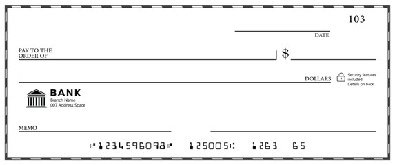Bank check, vector blank money cheque, checkbook template with guilloche pattern and fields. Currency payment coupon, money check background