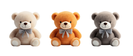 Png of Three Cute Plush Teddy Bears with Striped Bows – Soft Stuffed Toy in Beige, Brown, and Gray Colors on transparent background.