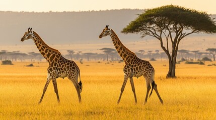 Obraz premium Two giraffes in the distance walking across a sunlit grassland with soft shadows