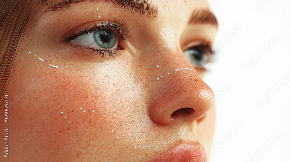 Poster medical illustration showing precise botox injection points on a female face with detailed anatomica