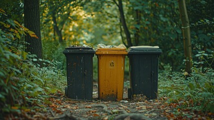 Colorful Waste Bins in a Serene Forest Pathway Surrounded by Nature