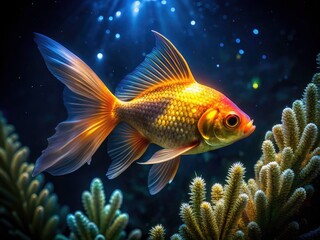 Fototapeta premium Night Photography Golden Fish, Underwater Scene, Dark Aquatic Life, Glowing Fish, Mystical Fish, Night Ocean, Bioluminescent Fish, Deep Sea, Golden Scales, Dark Background