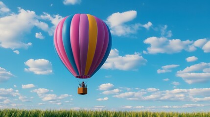 Obraz premium Pink Yellow Blue Striped Hot Air Balloon Soaring Over Green Field Under Sunny Sky