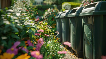 Colorful Garden Pathway with Trash Bins Surrounded by Flowers and Foliage