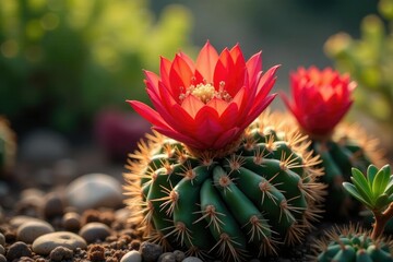 Red Lobivia cactus flowers in the wild with other plants, wild, nature, garden