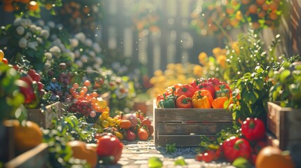 Vibrant Garden Scene with Fresh Vegetables and Colorful Fruits