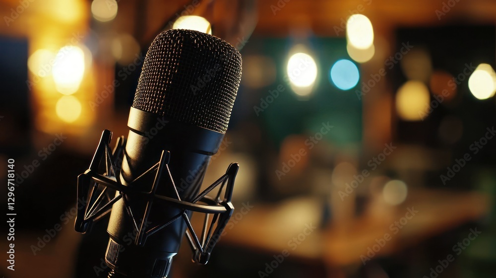 Poster a confident podcast host speaking into a microphone in a professional studio.