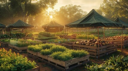 Sunrise Over Organic Market Stalls with Fresh Produce and Greenery