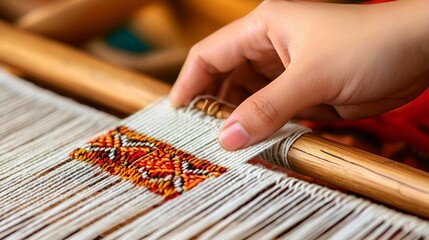 Indigenous art forms  concept. Hand weaving with colorful threads on a traditional loom.