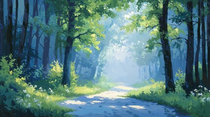 Obraz premium Serene Forest Pathway with Sunlight Filtering Through Lush Green Foliage and Soft Misty Background in Tranquil Nature Scene