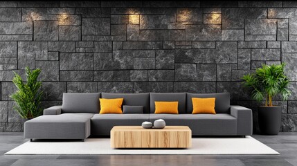 A modern living room featuring a gray sofa with yellow cushions, a wooden coffee table, and a textured stone wall, complemented by green plants and ambient lighting.