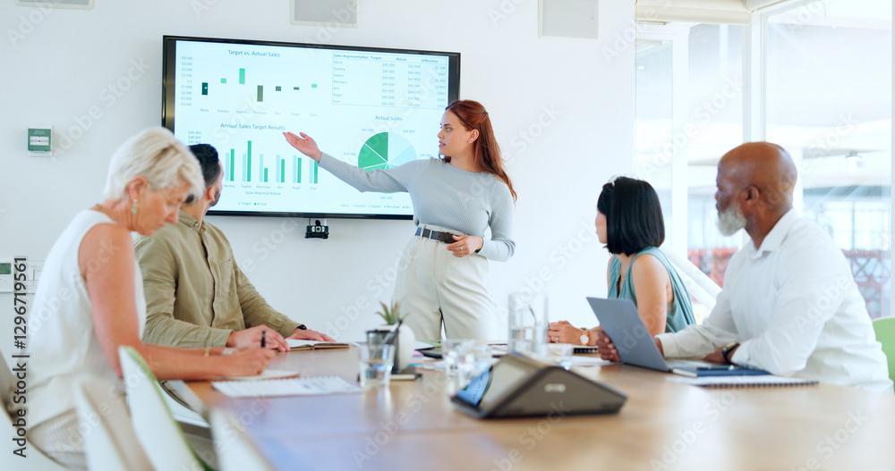 Poster presentation, diversity team and speaker with chart, data analytics or infographics of stock market,