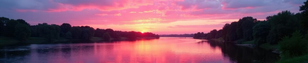 Fototapeta premium Soft pink hues illuminate the Des Moines River at sunset, riverbank, clouds