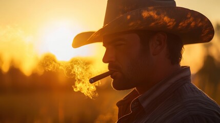A modern-day cowboy with a dusty hat, smoking