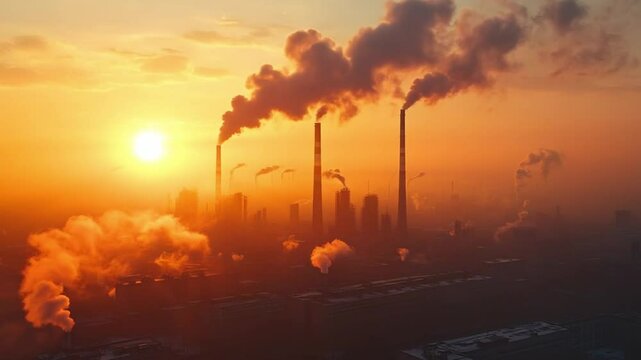 Industrial Pollution at Sunset: A stark image of industrial smokestacks belching thick plumes of smoke into a vibrant sunset, symbolizing environmental pollution and its impact on the atmosphere.