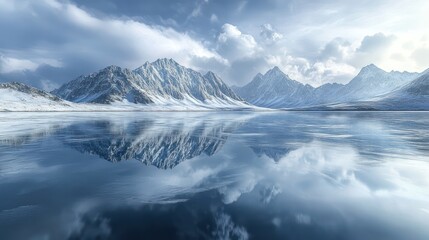 Frozen Lake with Transparent Ice Reflecting Snow-Capped Mountains By Generated AI
