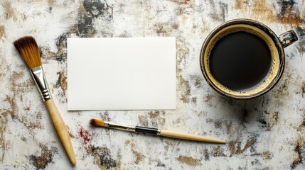 Coffee, brushes, and blank card on painted table. Art supplies flat lay on textured, colorful surface