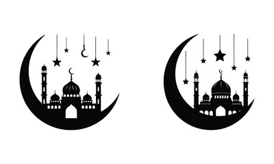 Elegant Islamic Mosque Silhouette with Crescent Moon and Hanging Stars  Ramadan and Eid Vector Illustration