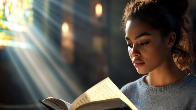 Radiant Reader: A young woman immersed in reading a book, bathed in the soft glow of sunlight filtering through stained glass. Capturing a sense of serenity, knowledge, and introspection.