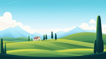 Serene countryside landscape featuring rolling green hills, distant mountains, a quaint house, and tall trees under a bright blue sky with fluffy clouds