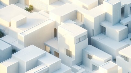 White minimalist architecture, aerial view, sunlight, urban planning, design concept