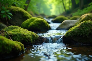 The soothing melody of a gentle stream flowing through moss covered rocks, moss, calm