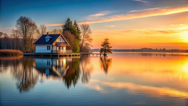 House on the lake at sunset, serene lake scene, calm water, serene lake scene