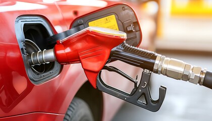 Red car refueling at gas station