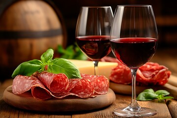 Rustic Italian red wine and salami