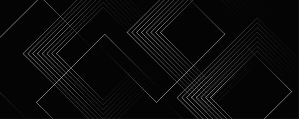 Abstract white color modern geometric dynamic lines pattern on black background banner design.