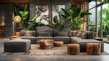 Modern Living Room with Cozy Sofa and Tropical Plant Decor