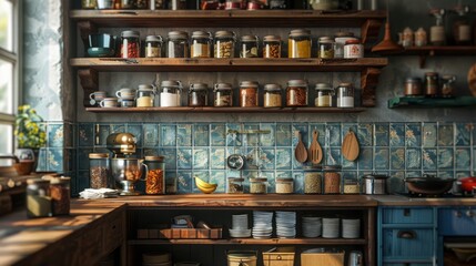 Cozy Vintage Kitchen Interior with Colorful Jars and Wooden Shelves