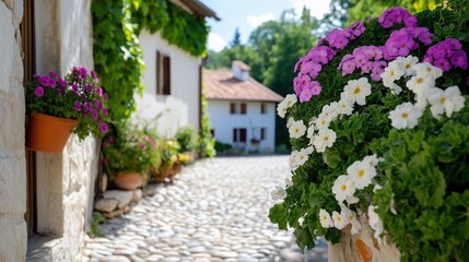 Fototapeta premium Charming Village Scene with Colorful Flowers