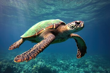 Obraz premium Graceful sea turtle glides through crystal-clear waters, showcas