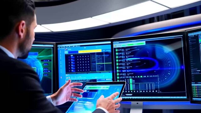 A real estate agent interacts with a holographic interface and uses hand gestures to manipulate data on multiple computer screens with artificial intelligence-based real estate valuation dashboard.