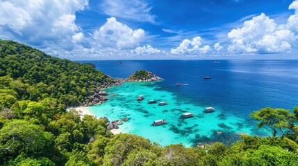 Tropical seascape of Similan Islands, with vibrant coral reefs beneath the surface.
