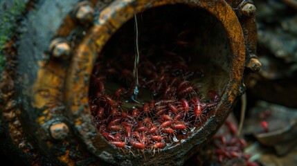 Red Insects Crawling Inside Rusty Pipe with Water Dripping Out