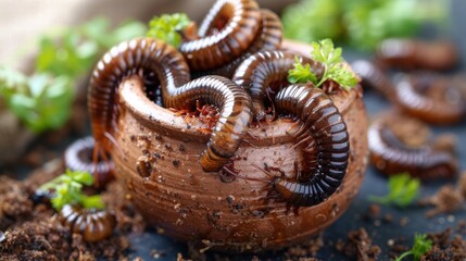 Close-up of Millipedes in a Rustic Pot with Green Foliage