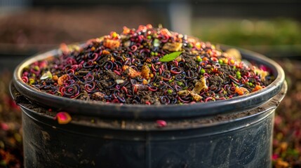 Vibrant Heap of Colorful Organic Fertilizer in Black Container