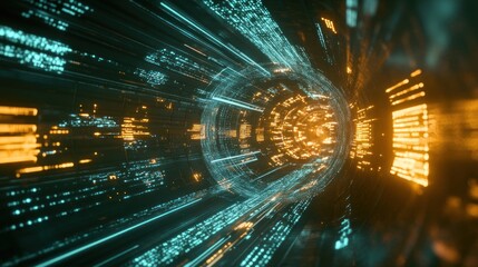 Data streams flow within digital tunnel, abstract cyberspace backdrop; blue, orange, lights, lines